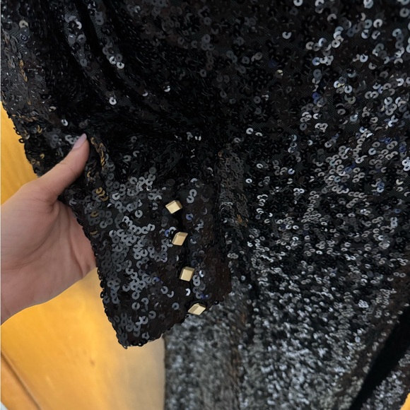 Black Sequined One Shoulder Bishop Sleeve Trumpet Gown - Picture 7 of 9